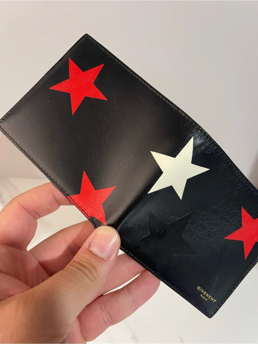 Givenchy Black Leather Wallet with Red, White & Black Star Accents